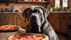 A Neapolitan Mastiff eating pizza, an Italian Dog Breeds