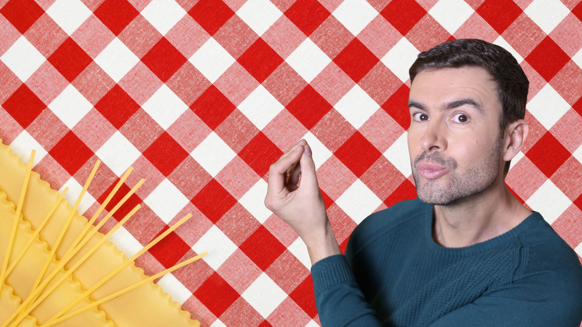 Italian culture shown by a young man making the Italian “boh” hand gesture at a traditional trattoria table