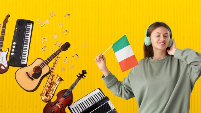 Person enjoying Italian songs with instruments and headphones