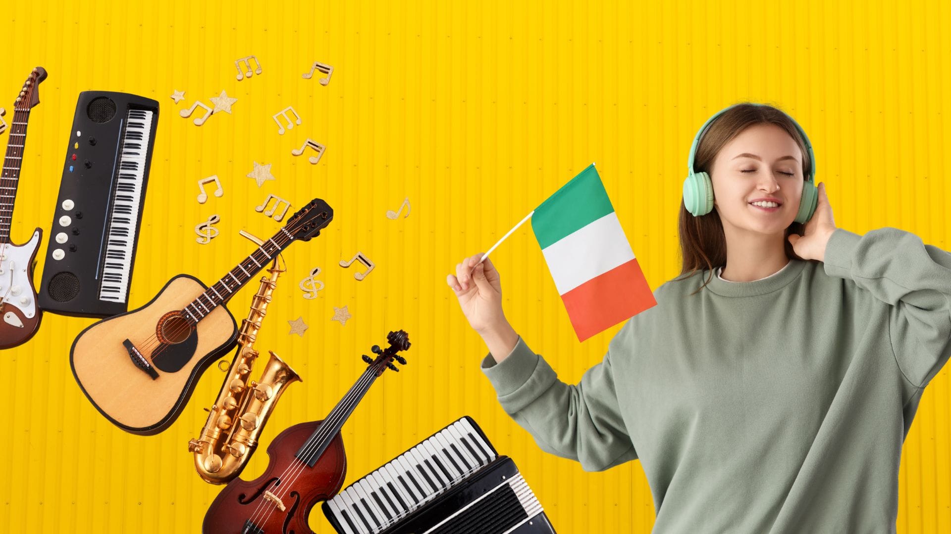 Person enjoying Italian songs with instruments and headphones