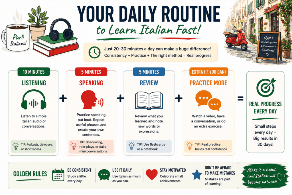Learn Italian fast daily routine infographic with listening, speaking, review, and practice steps to build consistency and real progress every day