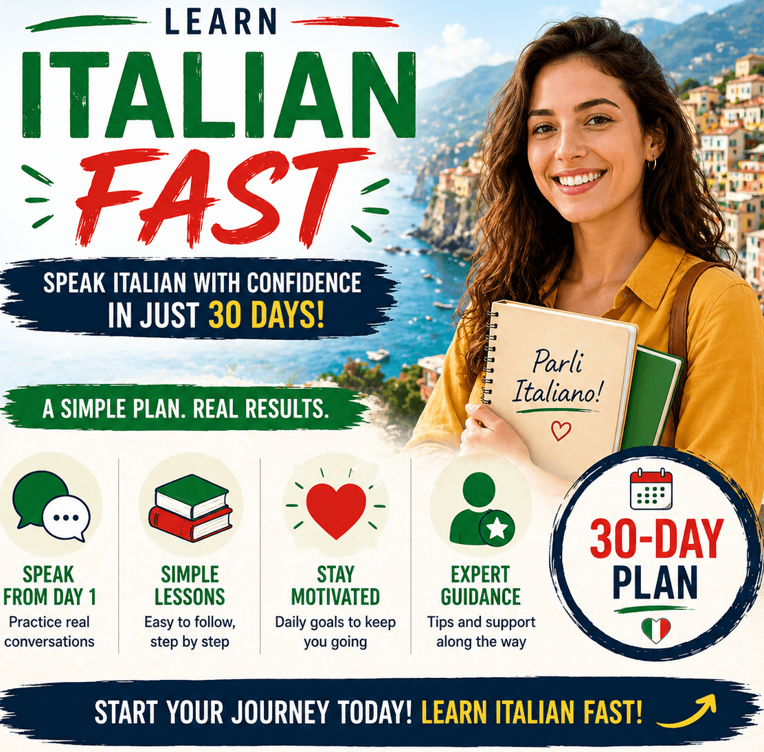 Learn Italian fast square banner showing smiling woman with notebook, 30-day plan, simple lessons, real conversations, and expert guidance for beginners